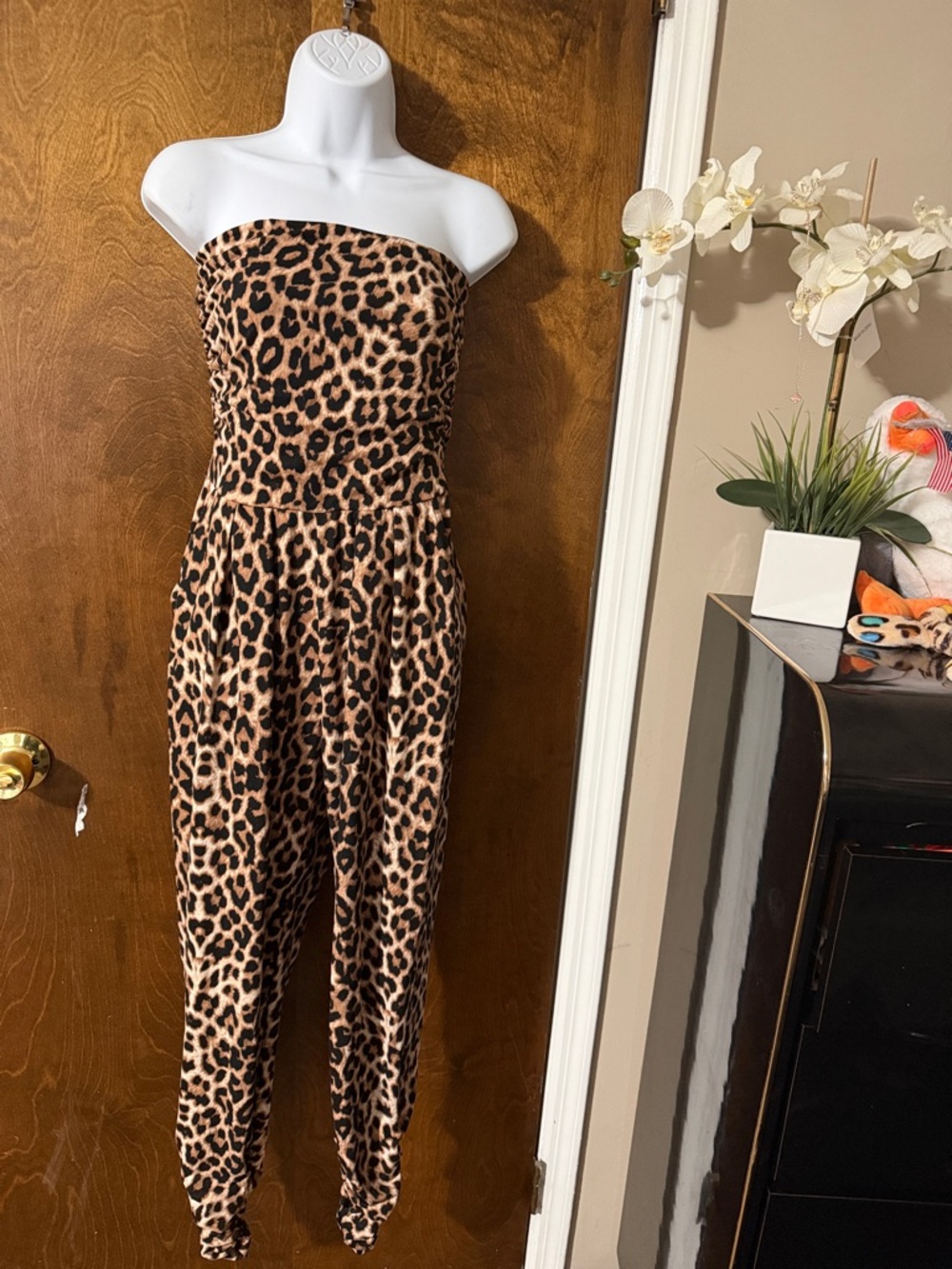 Strapless Leopard Print Jumpsuit in Brown